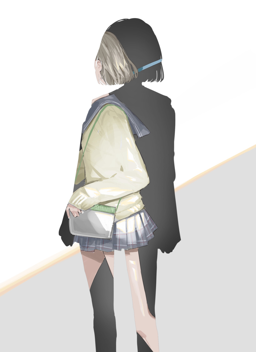 1girl bare_legs feet_out_of_frame framed grey_hair head_out_of_frame highres idolmaster idolmaster_shiny_colors insect_cage long_sleeves out_of_frame plaid plaid_skirt pleated_skirt school_uniform serizawa_asahi short_hair simple_background skirt sleeves_past_wrists solo sweater two-tone_background yellow_sweater yofuraruto