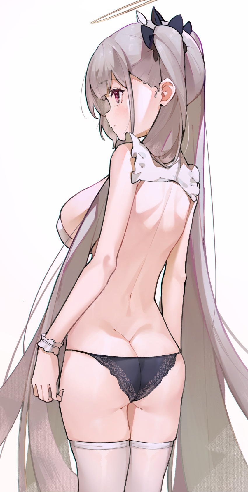 1girl absurdres asla_yu ass azur_lane back black_panties black_ribbon breasts commentary_request formidable_(azur_lane) grey_hair hair_ribbon halo highres long_hair looking_away looking_to_the_side medium_breasts panties red_eyes ribbon sideboob simple_background solo thigh-highs underwear very_long_hair white_background white_legwear wrist_cuffs