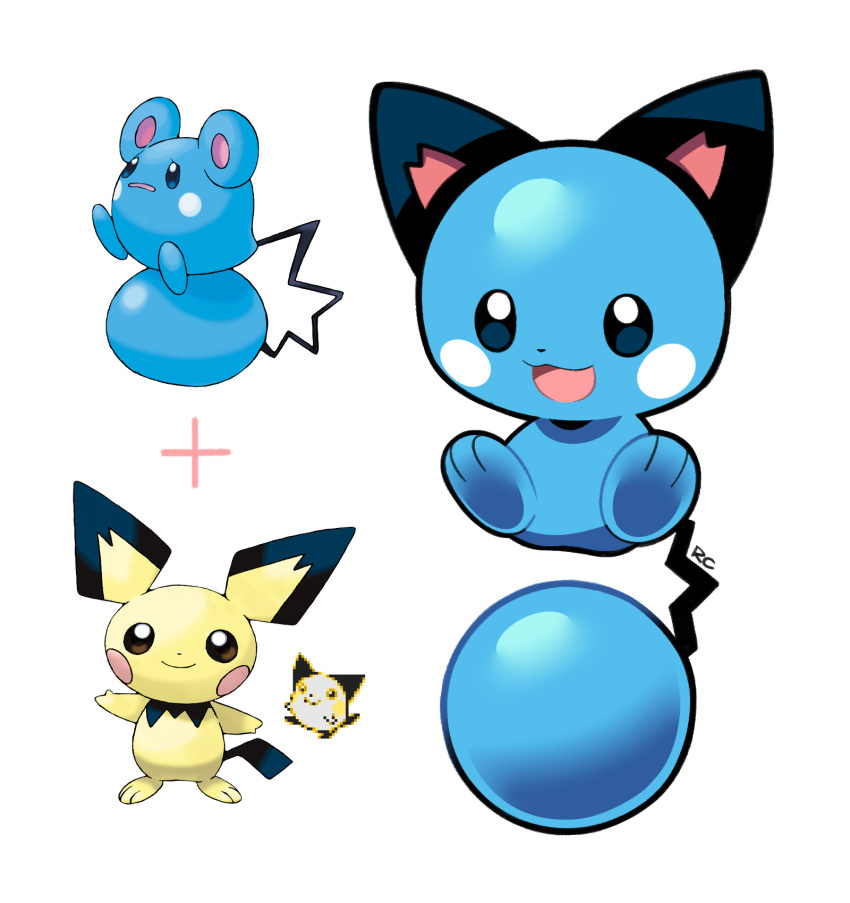 :3 artsy-rc azurill gen_2_pokemon gen_3_pokemon highres looking_at_viewer no_humans pichu pokemon pokemon_(creature) reference_inset simple_background smile white_background