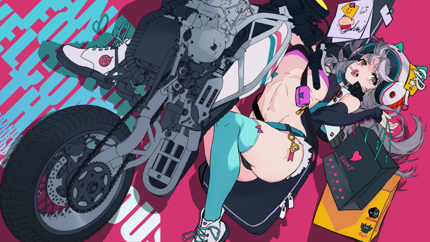 1girl absurdres background_text bag bangs bare_shoulders belly belt blush boots candy character_request crayon_shin-chan food grandia_lee green_legwear ground_vehicle helmet highres holding holding_bag lollipop long_hair looking_at_viewer motor_vehicle motorcycle multicolored multicolored_eyes navel open_mouth paper pink_background silver_hair simple_background sitting socks thigh-highs thighs