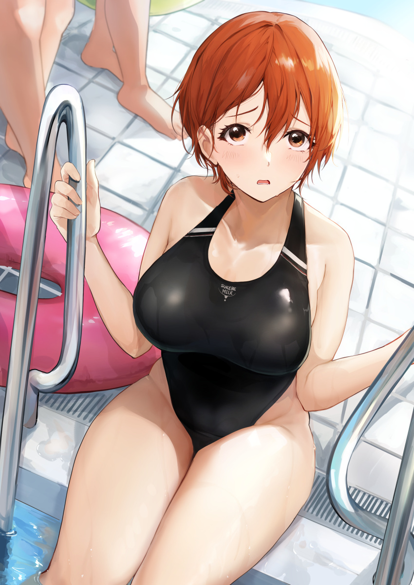 1girl absurdres akito_(d30n26) bangs blush breasts collarbone competition_swimsuit from_above groin hair_between_eyes highres holding inflatable_toy large_breasts looking_at_viewer looking_up nagi_(akito) one-piece_swimsuit open_mouth original pool pool_ladder red_eyes redhead short_hair sitting soaking_feet solo swimsuit thighs wet wet_hair
