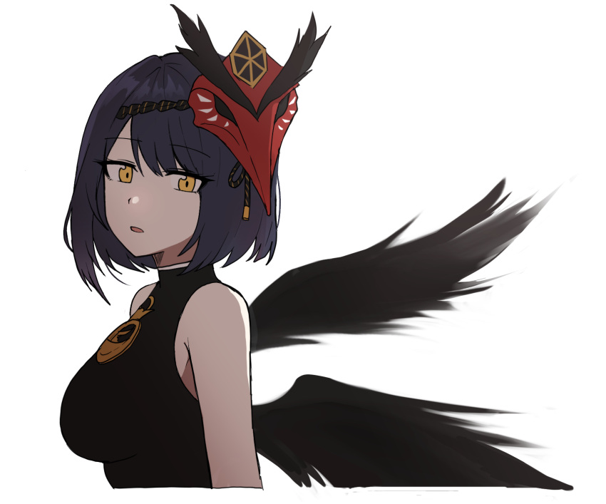 1girl adapted_costume alternate_costume bangs black_bodysuit black_hair black_wings bodysuit commentary_request eyebrows_visible_through_hair genshin_impact highres kujou_sara lix looking_at_viewer mask mask_on_head parted_lips short_hair sidelocks simple_background sketch solo tengu_mask white_background wings yellow_eyes