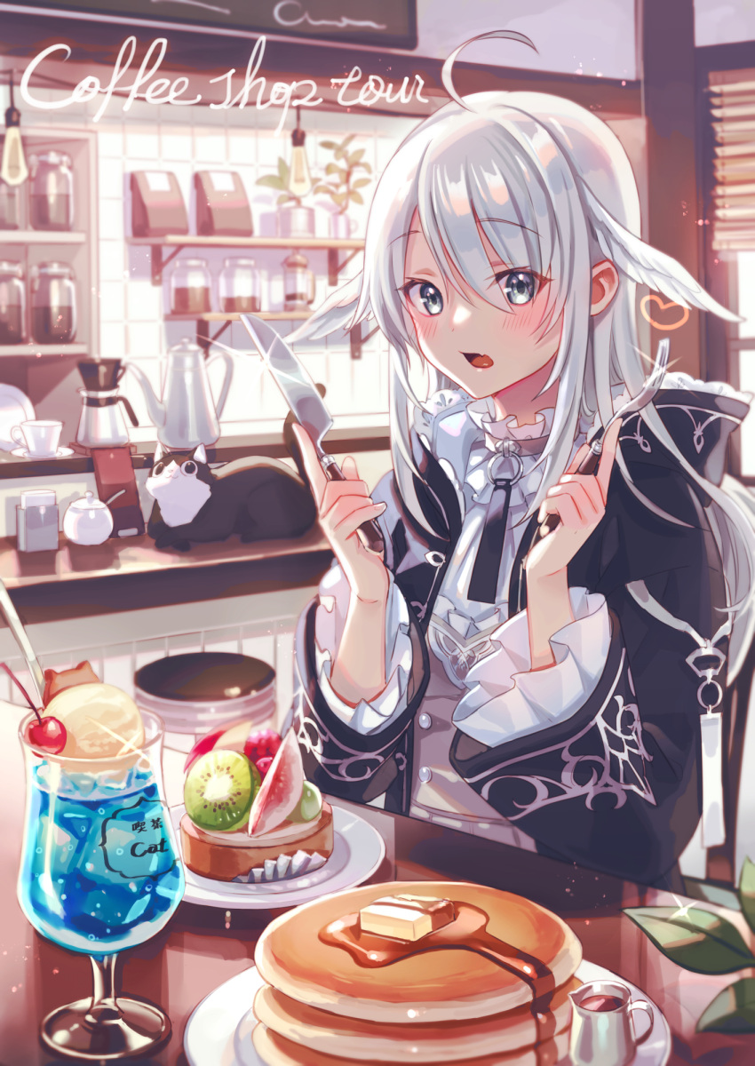 1girl ahoge apple apple_bunny apple_slice black_cat black_jacket black_neckwear blinds blue_eyes blurry blurry_background blush cafe cake cat chair cherry coffee_maker_(object) collar commentary_request creamer_(vessel) cup drink drinking_glass english_text eyebrows_visible_through_hair eyes_visible_through_hair fang food food_request fork frilled_shirt frills fruit glint grey_collar grey_hair hair_between_eyes hair_wings hands_up highres holding holding_fork holding_knife hood hood_down ice ice_cream ice_cream_float ice_cube indoors jacket jar kettle kiwi_slice kiwifruit knife long_hair long_sleeves open_clothes open_jacket open_mouth original pancake plant plate potted_plant restaurant saucer shelf shiny shiny_hair shirt sitting skin_fang solo sparkle stack_of_pancakes stool sugar_bowl table teacup white_shirt wide_sleeves zoff_(daria)
