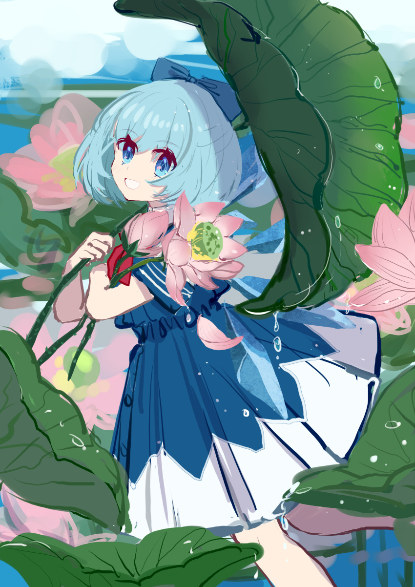 1girl absurdres bangs blue_bow blue_dress blue_eyes blue_hair blue_sleeves bow cirno closed_mouth collar collared_dress dress eyebrows_visible_through_hair eyes_visible_through_hair flower hair_between_eyes hands_up highres ice ice_wings lake leaf looking_at_viewer pink_flower shadow shocho_(shaojiujiu) short_hair short_sleeves smile solo teeth touhou wings