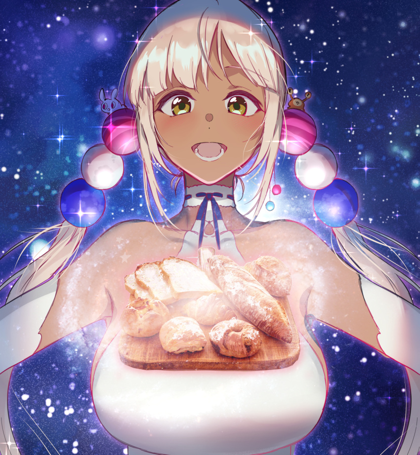 1girl bread bread_slice breasts brown_eyes dark-skinned_female dark_skin elbow_gloves food food_on_breasts gloves highres hololive hololive_english large_breasts long_hair pochi_(pochi-goya) sky star_(sky) starry_sky tsukumo_sana twintails virtual_youtuber