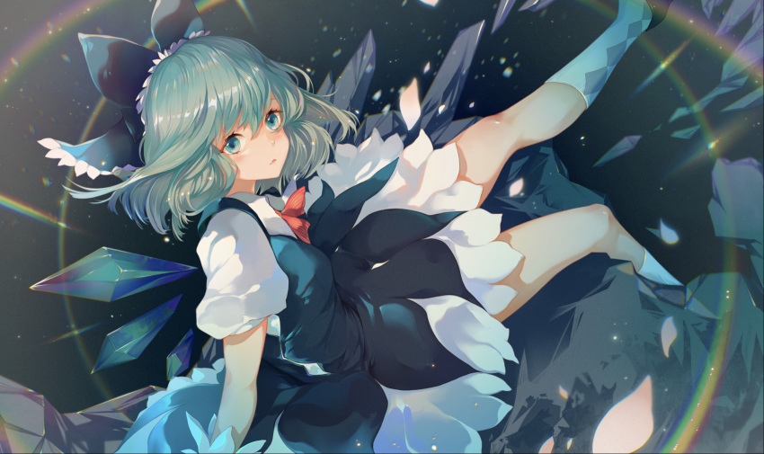1girl azusa0v0 bangs black_background black_footwear blue_bow blue_dress blue_eyes blue_hair bow breasts cirno closed_mouth collar collared_shirt dress eyebrows_visible_through_hair gloves hair_between_eyes highres light looking_at_viewer looking_up medium_breasts petals puffy_short_sleeves puffy_sleeves rainbow red_neckwear rock shadow shirt shoes short_hair short_sleeves sitting socks solo touhou white_gloves white_legwear white_shirt