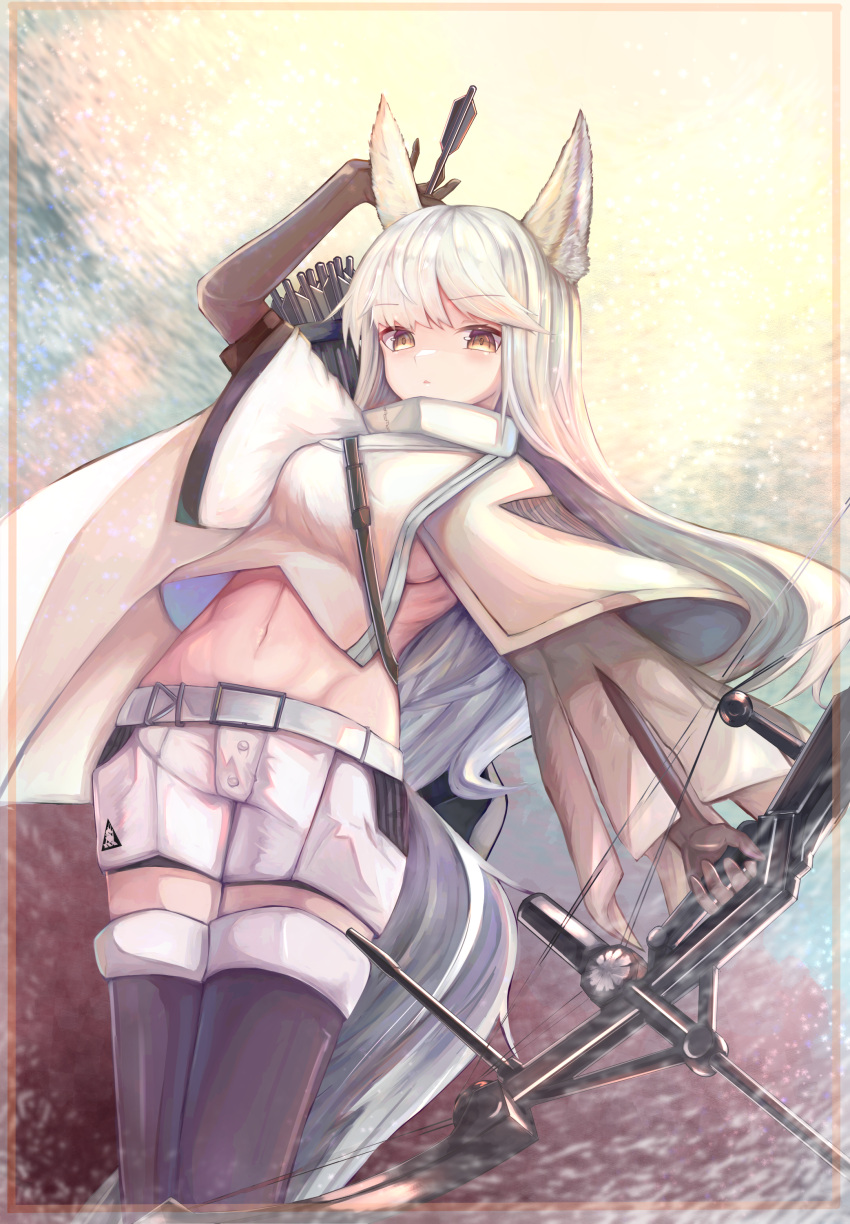 1girl absurdres animal_ears arknights arm_up arrow_(projectile) bangs black_footwear black_gloves boots bow_(weapon) brown_eyes commentary_request cowboy_shot crop_top eyebrows_visible_through_hair gloves groin highres holding holding_bow_(weapon) holding_weapon jacket long_hair long_sleeves looking_at_viewer midriff navel noirl platinum_(arknights) quiver shorts silver_hair solo stomach tail thigh-highs thigh_boots weapon white_jacket white_shorts wide_sleeves