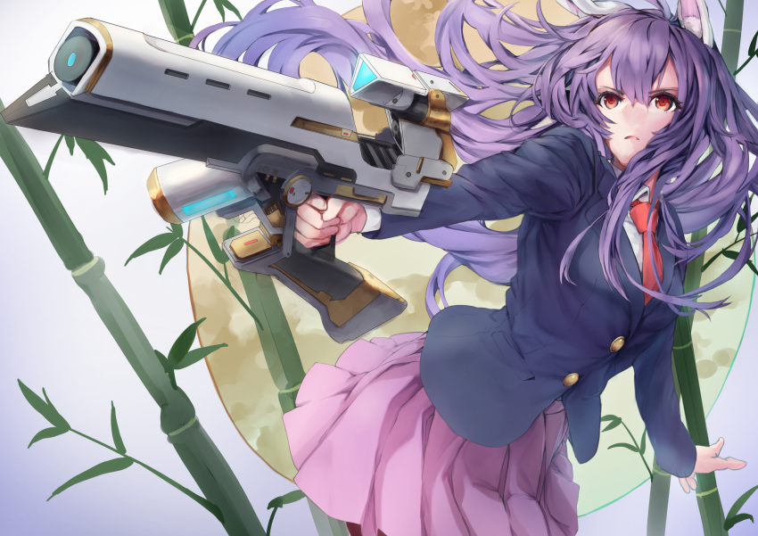 1girl animal_ears asllapistone bamboo bamboo_forest bangs blazer forest gun hair_between_eyes highres holding holding_gun holding_weapon jacket light_purple_hair long_hair long_sleeves looking_to_the_side moon nature necktie pink_skirt rabbit_ears red_eyes red_neckwear redhead reisen_udongein_inaba serious skirt solo swept_bangs touhou weapon