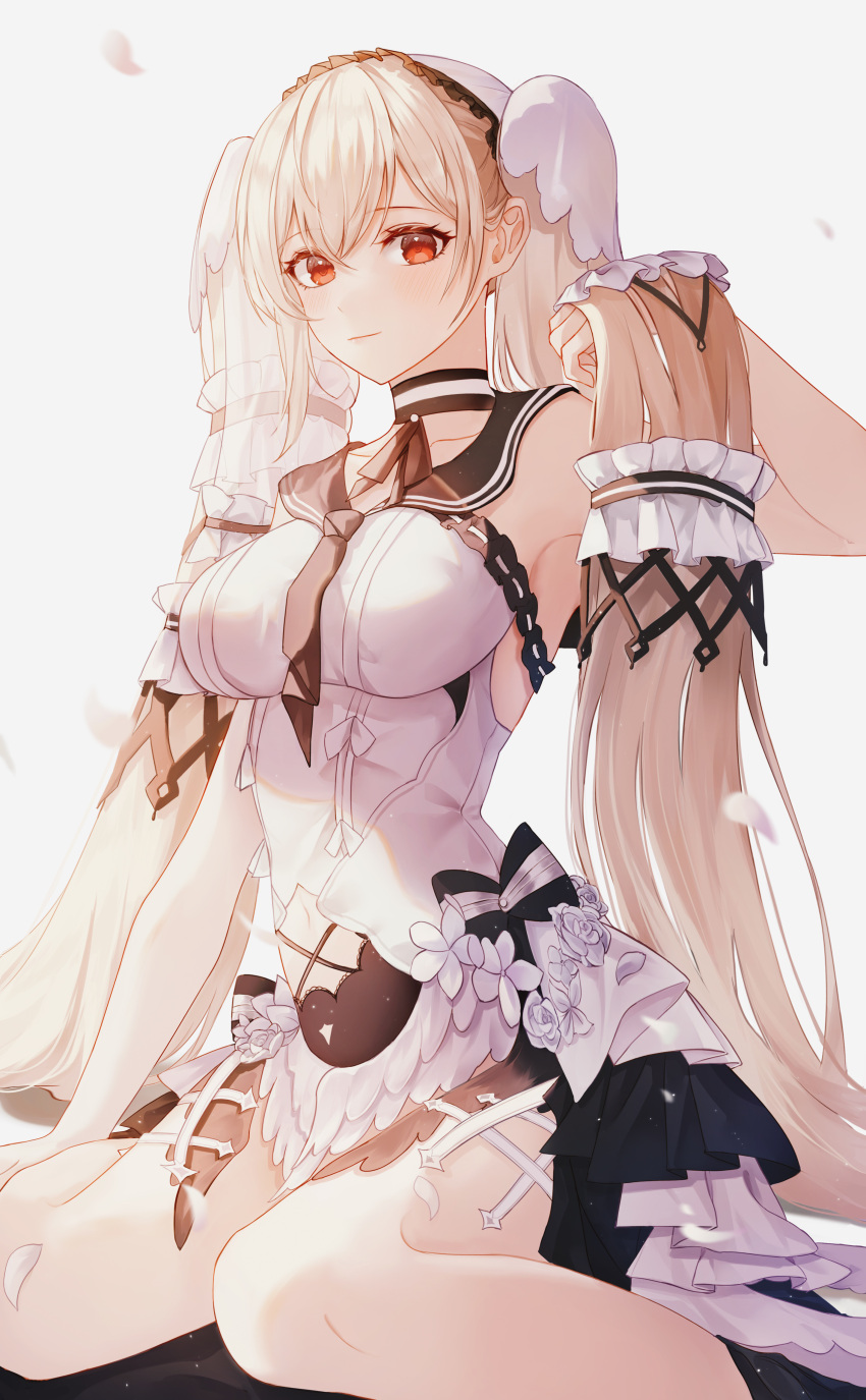 1girl absurdly_long_hair absurdres arahe azur_lane black_sailor_collar bow_dress breasts clothing_cutout dress dress_flower feather_dress flower formidable_(azur_lane) formidable_(timeless_classics)_(azur_lane) highres large_breasts long_hair looking_at_viewer navel_cutout official_alternate_costume platinum_blonde_hair red_eyes sailor_collar simple_background sitting sleeveless sleeveless_dress twintails two-tone_dress veil very_long_hair wariza white_background white_dress white_flower