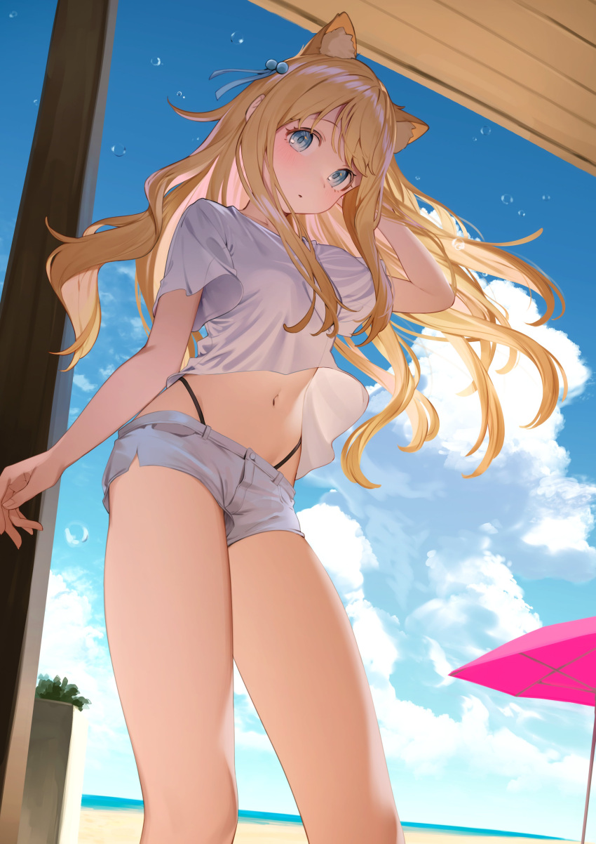 1girl absurdres animal_ear_fluff animal_ears beach blonde_hair blue_eyes blue_sky clouds commentary_request copyright_request day hair_bobbles hair_ornament highres legs long_hair looking_at_viewer navel nyum ocean parasol shirt short_shorts short_sleeves shorts sky solo standing t-shirt umbrella white_shirt