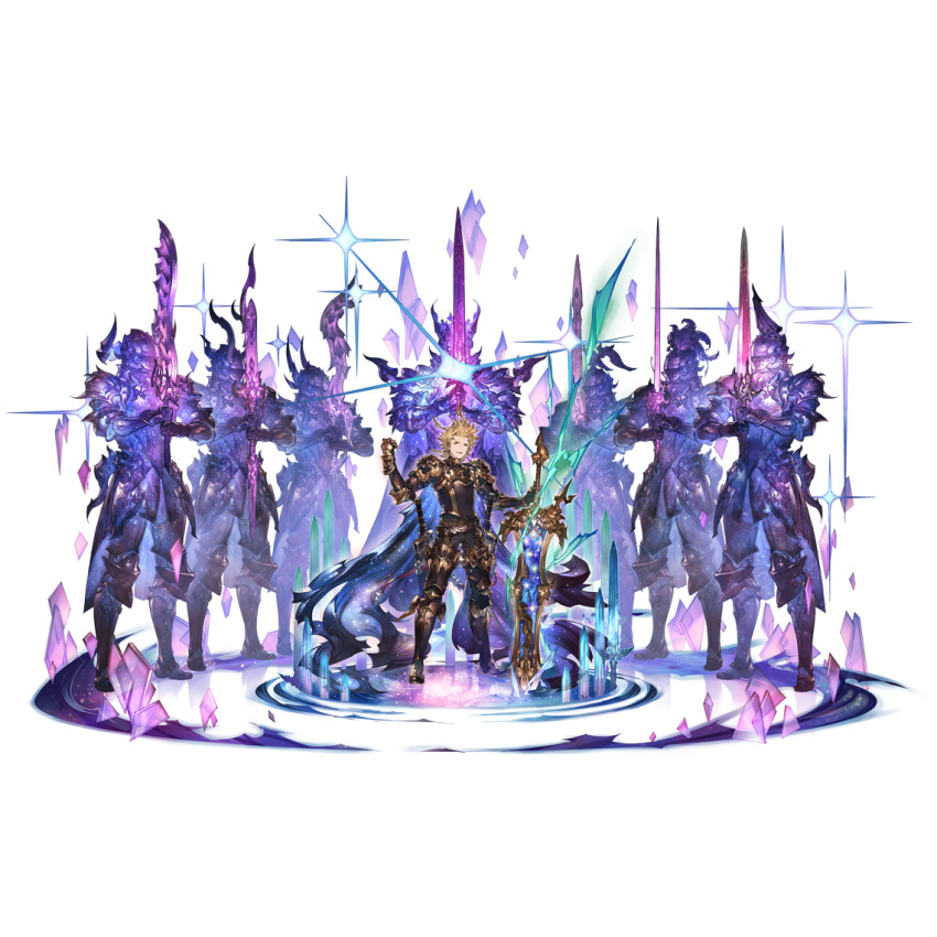 1boy ahoge arm_up armor belt black_pants blonde_hair blue_eyes breastplate cape full_body granblue_fantasy greaves looking_at_viewer male_focus minaba_hideo official_art pants puddle sheath siete smirk smug solo space sparkle spectral standing star_(sky) sword transparent_background unsheathed water weapon