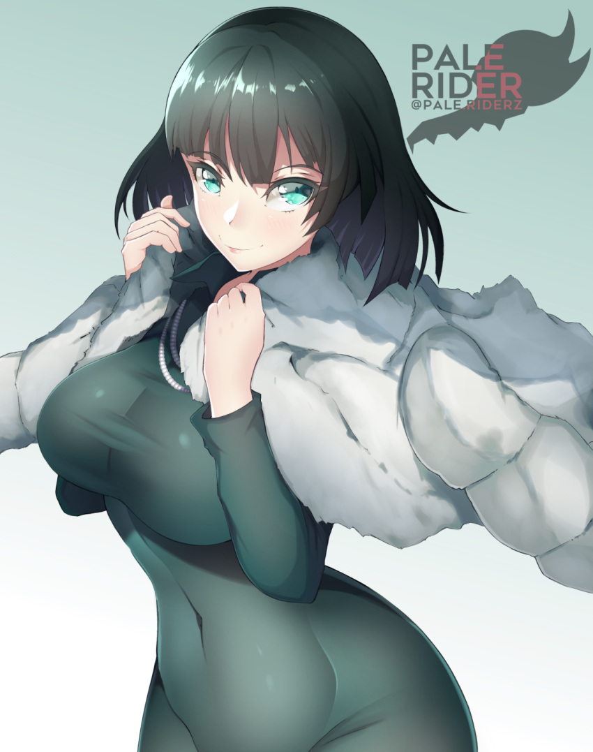 blush breasts coat dress fubuki_(one-punch_man) green_eyes green_hair highres large_breasts navel pinup thighs wrinkled_fabric