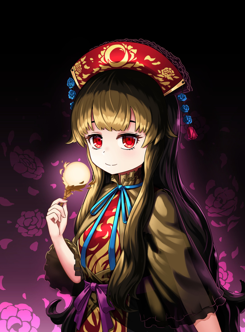 1girl alternate_costume bangs belt black_background blonde_hair blue_bow bow brown_dress chinese_clothes closed_mouth crescent dress eyebrows_visible_through_hair floral_background flower gradient gradient_background hand_up hat highres junko_(touhou) light long_hair long_sleeves okema pink_background pink_flower pink_rose pom_pom_(clothes) purple_belt purple_bow red_eyes red_headwear red_vest rose shadow solo tabard touhou vest wide_sleeves