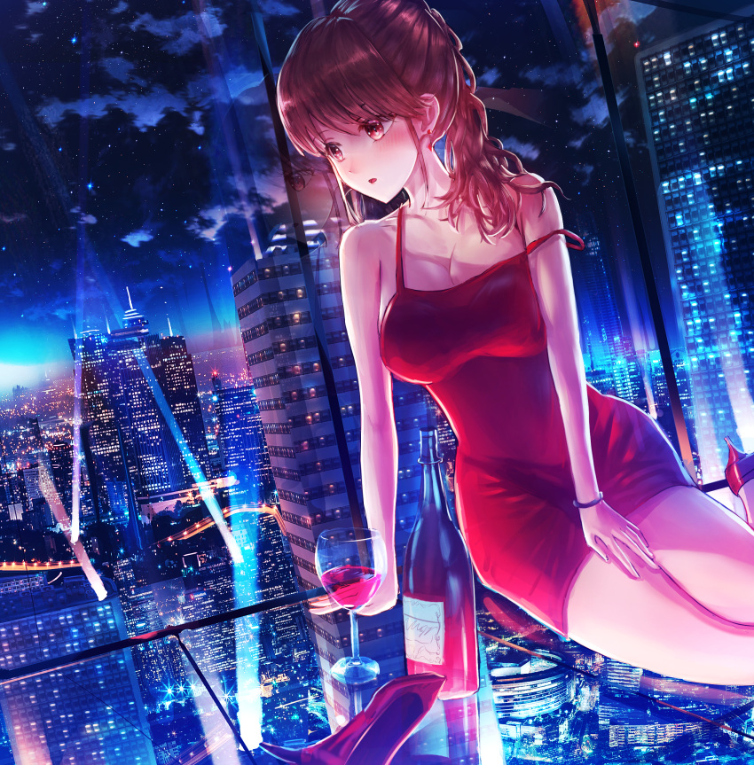 1girl alcohol bangs bare_shoulders bottle bracelet breasts city city_lights cityscape commentary_request cup dress drinking_glass earrings eyebrows_behind_hair glass hand_on_own_thigh high_heels highres jewelry kenzo_093 long_hair night on_floor open_mouth original ponytail red_dress red_eyes red_footwear red_wine redhead scenery shoes single_shoe sleeveless sleeveless_dress solo spaghetti_strap strap_slip window wine wine_glass