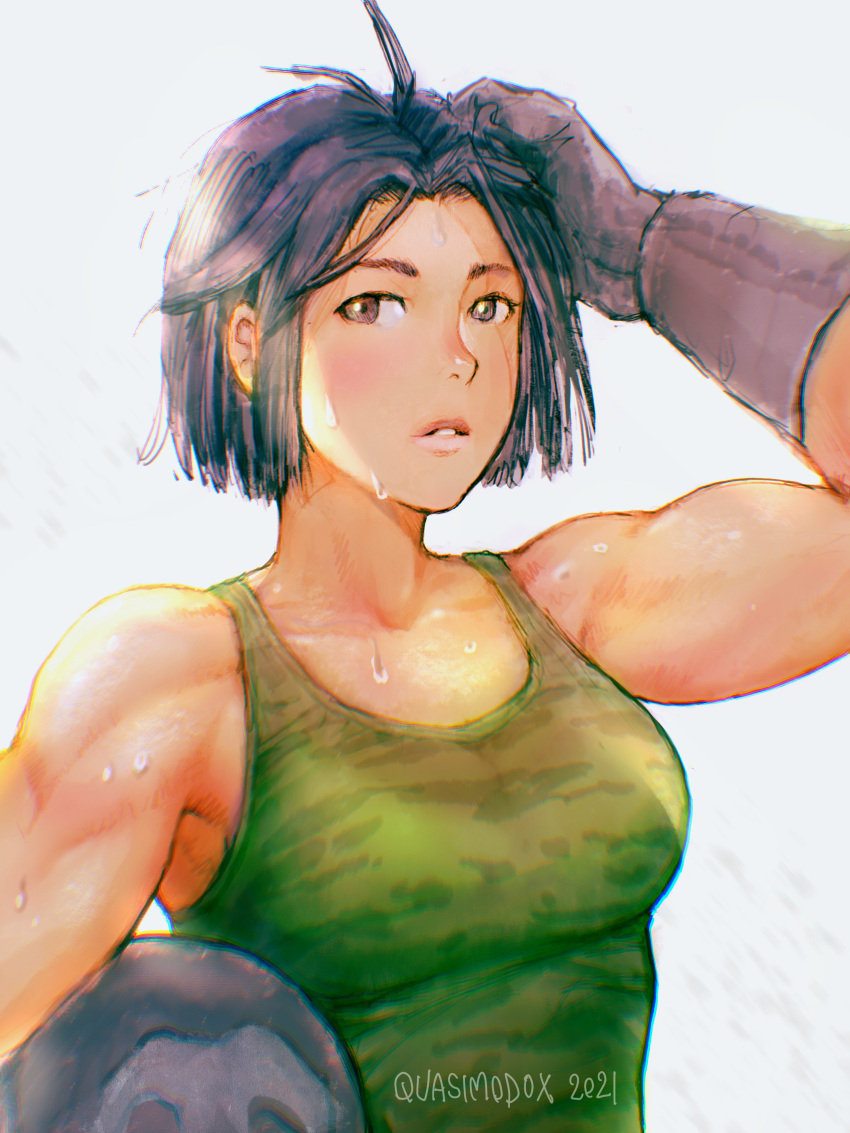 1girl absurdres ahoge backlighting biker_clothes black_gloves black_hair breasts brown_eyes camouflage_tank_top commentary gloves hand_in_hair headwear_removed helmet helmet_removed highres holding holding_helmet hot kazama_akira medium_breasts muscular muscular_female quasimodox rival_schools short_hair solo street_fighter street_fighter_v sweat upper_body