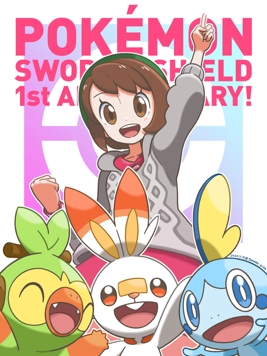 1girl :d absurdres arm_up bangs blush bob_cut brown_eyes brown_hair buttons cable_knit cardigan collared_dress commentary_request copyright_name dress eyelashes gen_8_pokemon gloria_(pokemon) green_headwear grey_cardigan grookey hat highres hooded_cardigan index_finger_raised number open_mouth pink_dress pokemon pokemon_(creature) pokemon_(game) pokemon_swsh scorbunny short_hair smile sobble tam_o'_shanter tongue upper_teeth yamane_(viq4201)