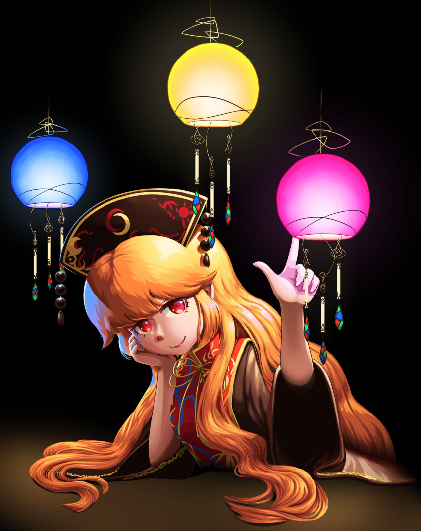 1girl bangs black_background black_dress black_headwear bow bowtie breasts chinese_clothes closed_mouth crescent dress eyebrows_visible_through_hair hand_on_own_face hand_up hat highres junko_(touhou) lamp light long_hair long_sleeves looking_up medium_breasts okema orange_hair pointing pom_pom_(clothes) red_eyes red_vest shadow simple_background sitting smile solo tabard table touhou vest wide_sleeves yellow_bow yellow_neckwear
