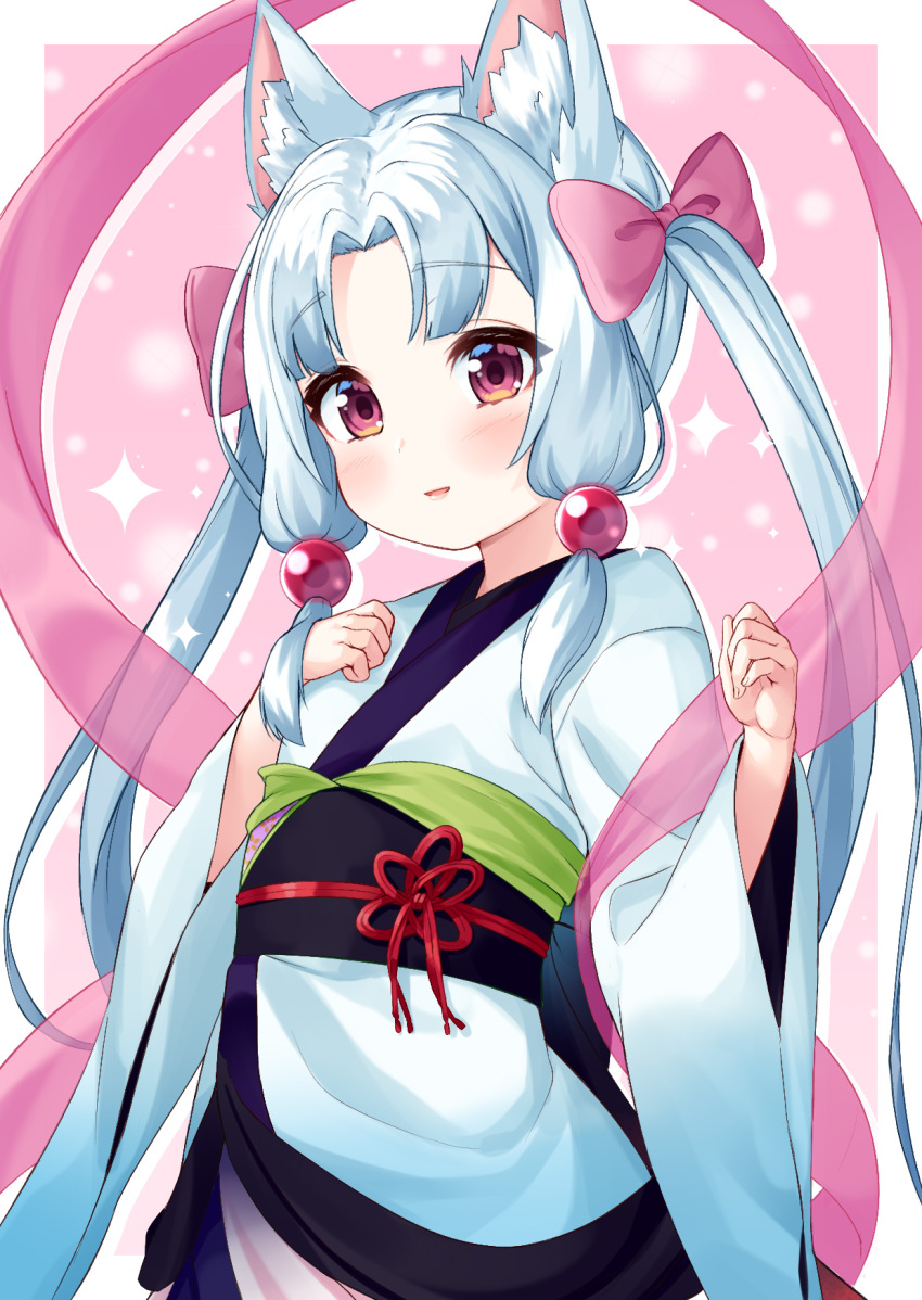 1girl animal_ear_fluff animal_ears bangs blush bow commentary_request eyebrows_visible_through_hair hagoromo hair_bow hands_up highres japanese_clothes kimono long_hair long_sleeves looking_at_viewer obi parted_bangs parted_lips pink_bow red_eyes sash see-through shawl silver_hair smile solo tenneko_yuuri touhoku_itako twintails very_long_hair voiceroid white_kimono wide_sleeves
