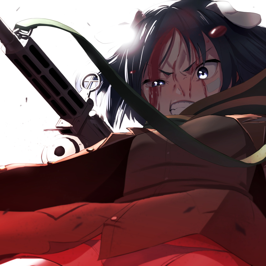 1girl absurdres animal_ears bandaid bandaid_on_face black_eyes black_hair blood blood_drop blood_on_face brave_witches clenched_teeth dog_ears drum_magazine flip_up_sight from_below gun hasegawa_(hase_popopo) highres kanno_naoe machine_gun magazine_(weapon) panties sling solo teeth underwear weapon white_background white_panties world_witches_series