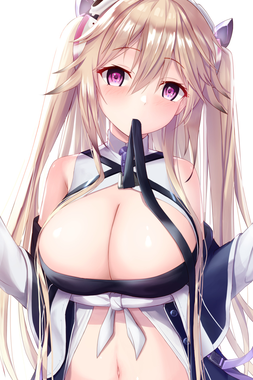 1girl absurdres anchorage_(azur_lane) azur_lane bangs breasts clothing_cutout crossed_bangs hair_between_eyes headgear highres huge_breasts humo light_brown_hair long_hair mouth_hold navel simple_background solo stomach_cutout twintails upper_body very_long_hair very_long_sleeves white_background