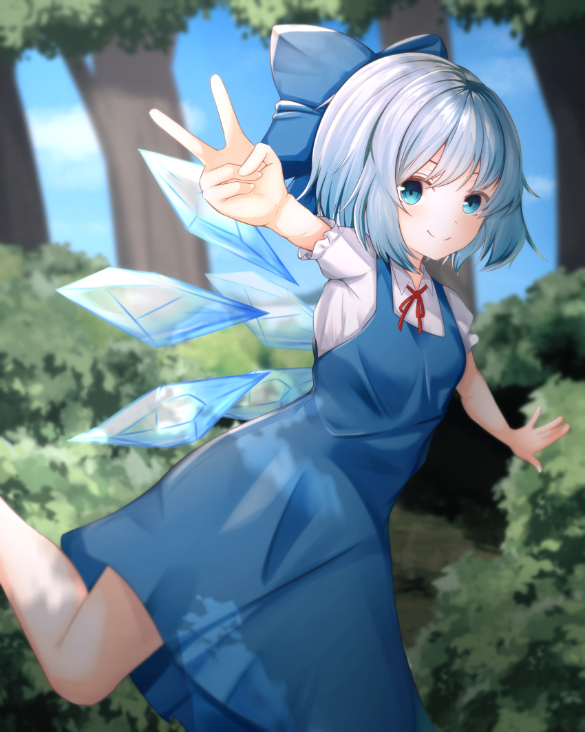 1girl absurdres arms_up bangs blue_bow blue_dress blue_eyes blue_hair blue_sky bow bowtie breasts bush cirno closed_mouth clouds cloudy_sky collar collared_shirt dress eko_0427 eyebrows_visible_through_hair grass hair_between_eyes hands_up highres ice ice_wings leaf looking_away puffy_short_sleeves puffy_sleeves red_bow red_neckwear running shadow shirt short_hair short_sleeves sky small_breasts smile solo touhou tree v white_shirt wings