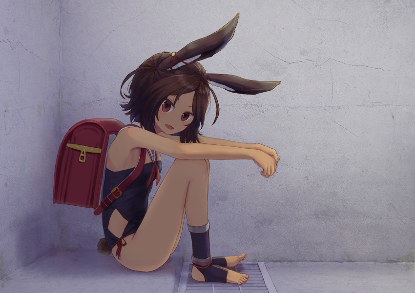 1girl animal_ear_fluff animal_ears armpits azur_lane backpack bag bare_shoulders blue_footwear blue_swimsuit breasts brown_eyes brown_hair dark-skinned_female dark_skin feet from_side full_body highres i-26_(azur_lane) knees_up legs looking_at_viewer omborodoor one-piece_swimsuit open_mouth rabbit_ears rabbit_tail randoseru short_hair sitting small_breasts smile socks solo strapless strapless_swimsuit swimsuit tail thighs toeless_footwear toes