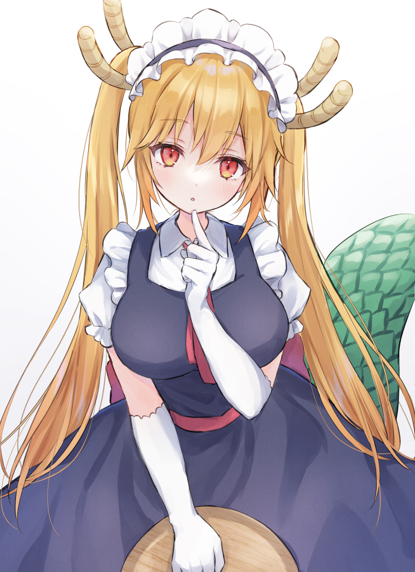 1girl absurdres bangs blonde_hair commentary_request dragon_girl dragon_horns dragon_tail dress elbow_gloves eyebrows_visible_through_hair finger_to_mouth gloves hair_between_eyes highres holding horns index_finger_raised kobayashi-san_chi_no_maidragon long_hair looking_at_viewer maid maid_headdress necktie orange_eyes parted_lips pinafore_dress puffy_sleeves shano_hiyori short_sleeves sidelocks simple_background slit_pupils solo tail tohru_(maidragon) tray twintails white_background white_gloves