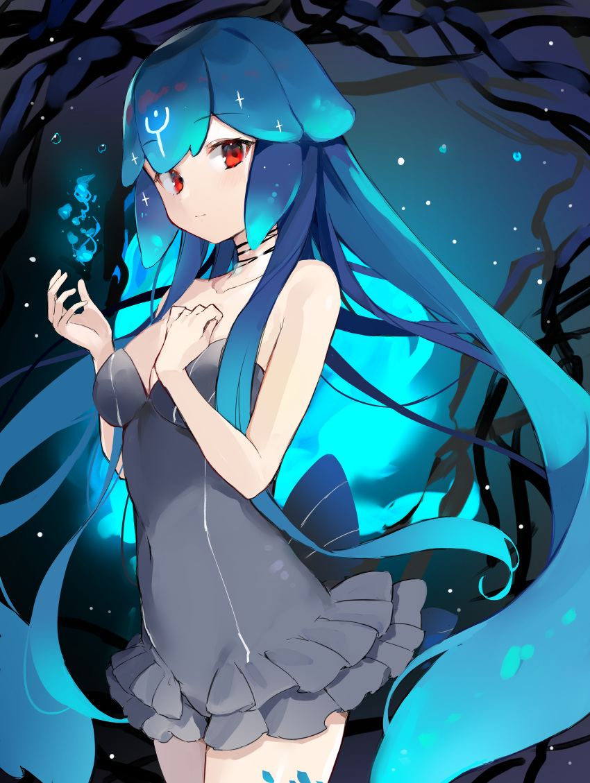 1girl absurdres blue_hair bow choker commission feet_out_of_frame frilled_skirt frills grey_skirt hair_between_eyes hand_on_own_chest hands_up highres light_blue_hair long_hair looking_at_viewer multicolored_hair night night_sky original red_eyes ryou_(ponpgo) skeb_commission skirt sky solo streaked_hair twintails two-tone_hair very_long_hair water_drop