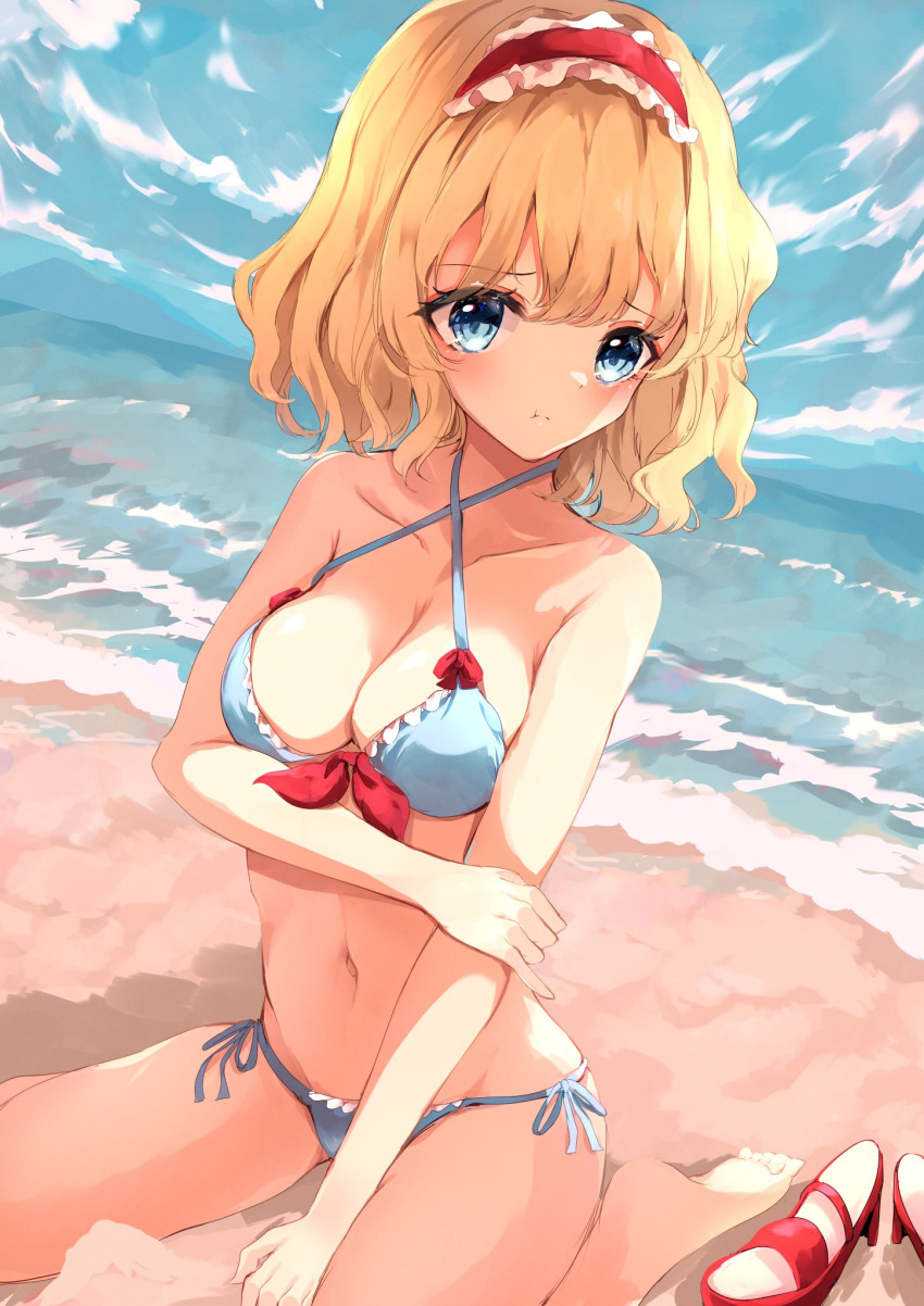 1girl alice_margatroid bangs bare_shoulders barefoot beach bikini blonde_hair blue_bikini blue_bow blue_bra blue_eyes blue_panties blue_sky bow bra breasts closed_mouth clouds cloudy_sky eyebrows_visible_through_hair hair_between_eyes hairband hand_on_own_arm highres hunya looking_at_viewer medium_breasts ocean panties red_bow red_footwear red_hairband sand seiza shoes short_hair sitting sky solo swimsuit touhou underwear water