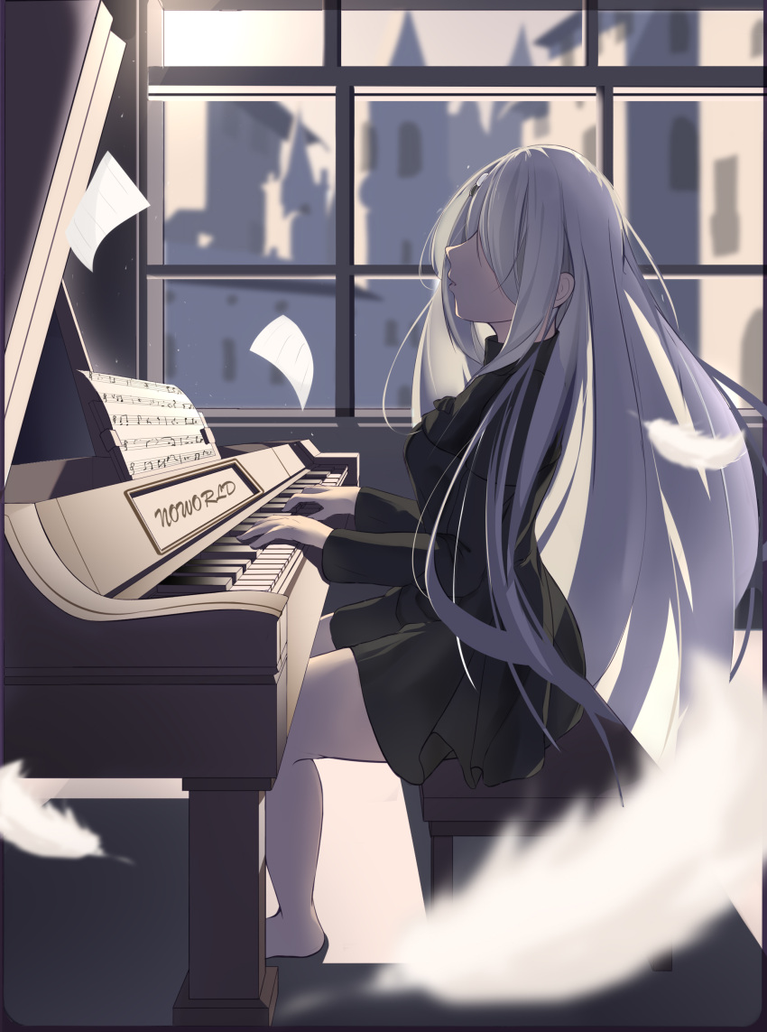 1girl absurdres hair_ornament hair_over_one_eye highres instrument long_hair noir_(noworld) noworld piano qiyuan_yingluo quill solo virtual_youtuber white_hair window