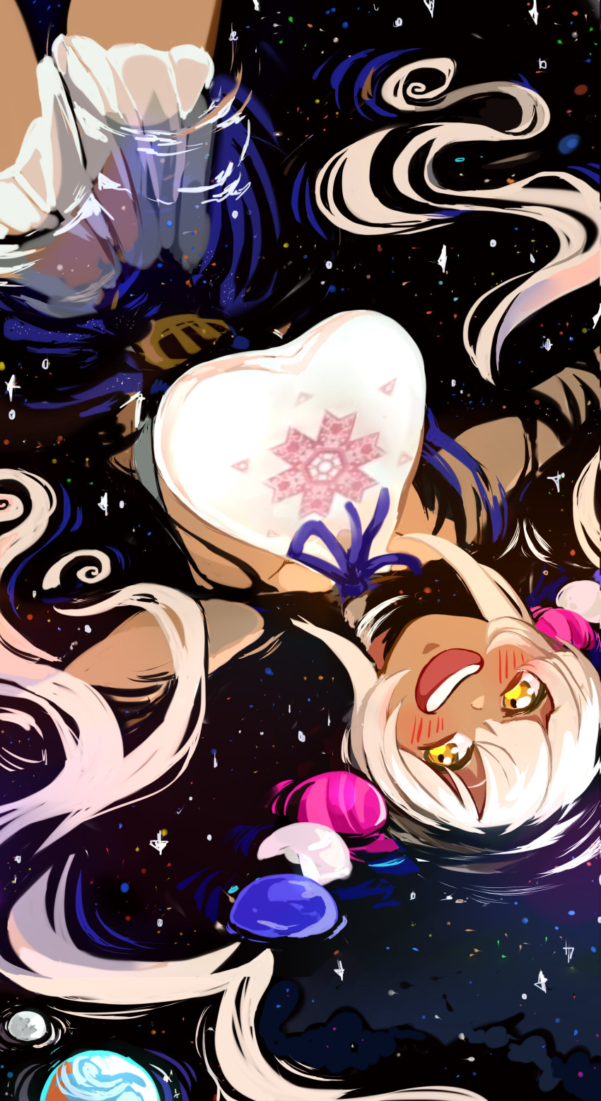 1girl absurdres afloat breasts dark-skinned_female dark_skin earth_(planet) fuyumim highres hololive hololive_english large_breasts long_hair moon planet ripples space star_(sky) tsukumo_sana twintails virtual_youtuber white_hair yellow_eyes