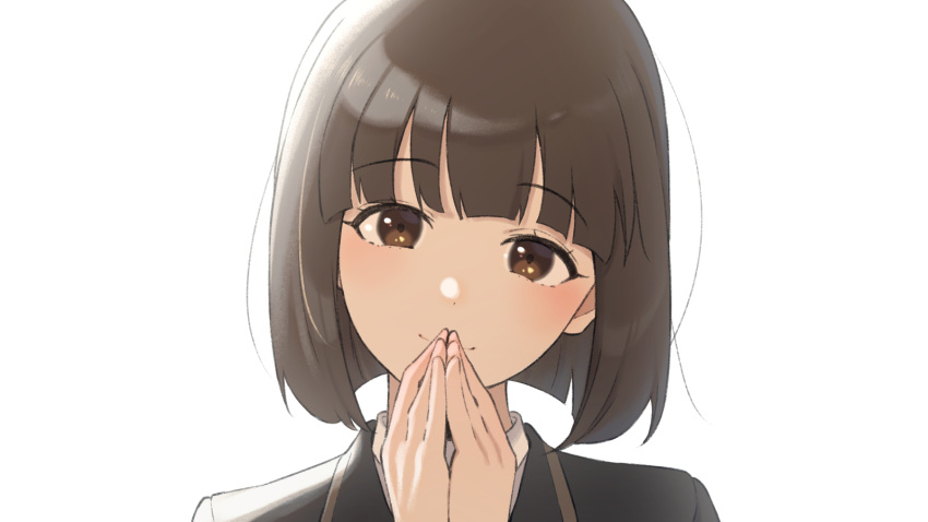 1girl bangs black_jacket blunt_bangs bob_cut brown_eyes brown_hair commentary dress_shirt hair_strand hand_to_own_mouth hands_together head_tilt highres jacket natuich original shirt short_hair simple_background smile solo white_background white_shirt