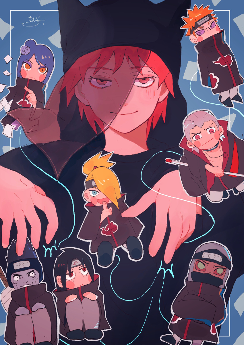 absurdres akatsuki_(naruto) black_hair black_sclera blonde_hair blue_eyes blue_hair blue_skin chibi cloak colored_sclera colored_skin dark-skinned_male dark_skin deidara_(naruto) flower forehead_protector green_eyes grey_hair hair_flower hair_ornament hidan_(naruto) highres hood hoodie hoshigaki_kisame kakuzu_(naruto) konan_(naruto) mask naruto naruto_(series) orange_eyes orange_hair pain_(naruto) paper pink_eyes puppet_strings purple_hair red_eyes redhead rinnegan sasori_(naruto) scythe sharingan sharp_teeth smirk teeth thread uchiha_itachi user_knut7534 veil