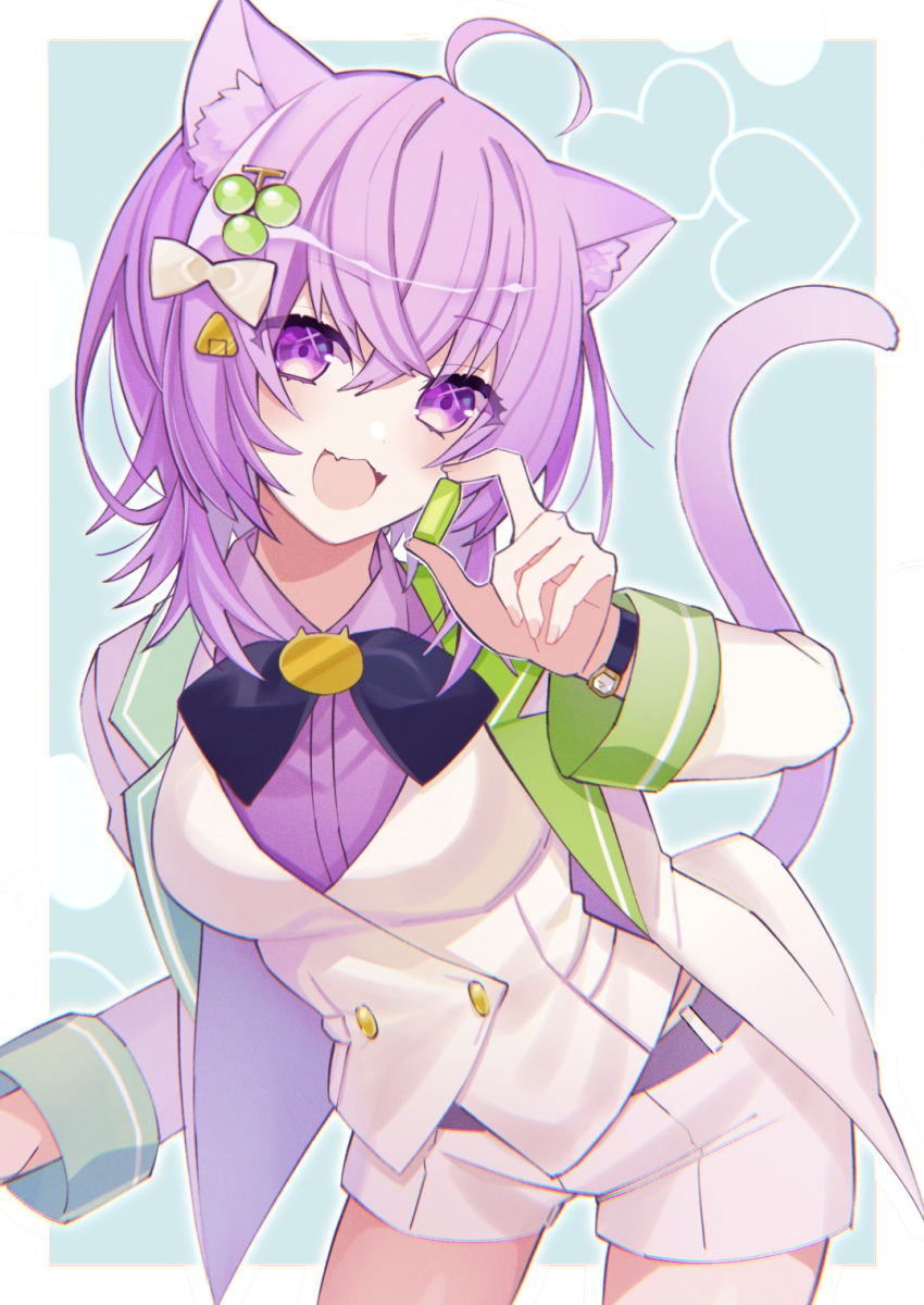 :d animal_ear_fluff animal_ears cat_ears cat_tail happy highres hololive hololive_gamers nekomata_okayu open_mouth purple_hair smile tail uehara_(dormmmmir_) violet_eyes virtual_youtuber