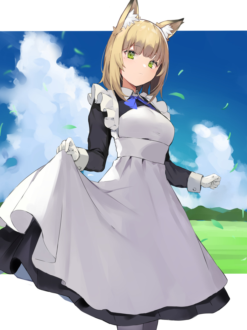 1girl absurdres alternate_costume animal_ears apron black_shirt blonde_hair bow bowtie clothes_lift clouds collared_shirt commission dress dress_lift enmaided expressionless eyebrows_visible_through_hair feet_out_of_frame frilled_sleeves frills gloves grass green_eyes hair_between_eyes highres leaf leaves_in_wind maid medium_hair mole mole_under_eye original ryou_(ponpgo) shirt skeb_commission sky solo standing white_gloves