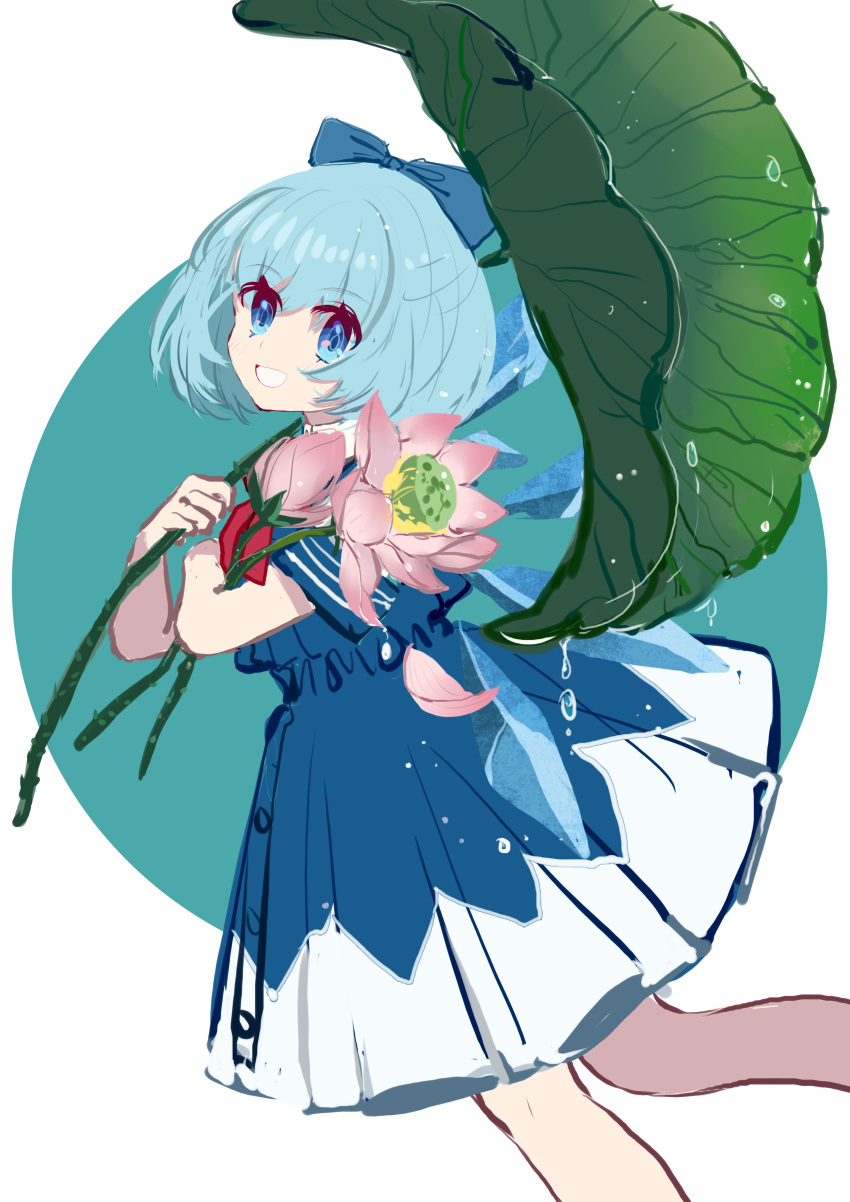 1girl absurdres bangs blue_bow blue_dress blue_eyes blue_hair blue_sleeves bow cirno closed_mouth collar collared_dress dress eyebrows_visible_through_hair eyes_visible_through_hair flower green_background hair_between_eyes hands_up highres ice ice_wings leaf looking_at_viewer pink_flower red_neckwear shocho_(shaojiujiu) short_hair short_sleeves simple_background smile solo teeth touhou white_background wings