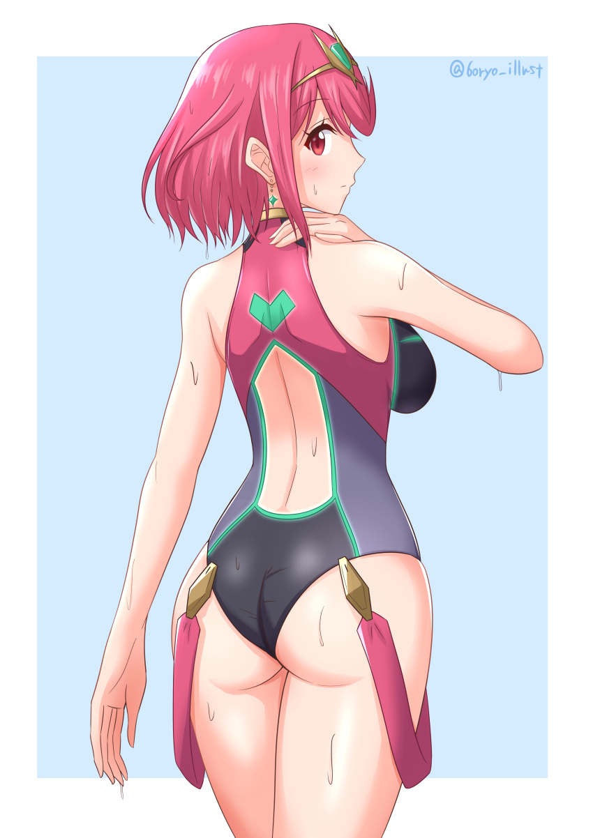 1girl absurdres ass bangs bare_shoulders black_swimsuit breasts closed_mouth commentary commentary_request competition_swimsuit earrings eyebrows_visible_through_hair frown hand_on_back headpiece highres jewelry large_breasts looking_at_viewer one-piece_swimsuit outside_border pyra_(pro_swimmer)_(xenoblade) pyra_(xenoblade) red_eyes red_swimsuit redhead ryochan96154 short_hair solo swimsuit thighs tiara two-tone_swimsuit wet xenoblade_chronicles_(series) xenoblade_chronicles_2