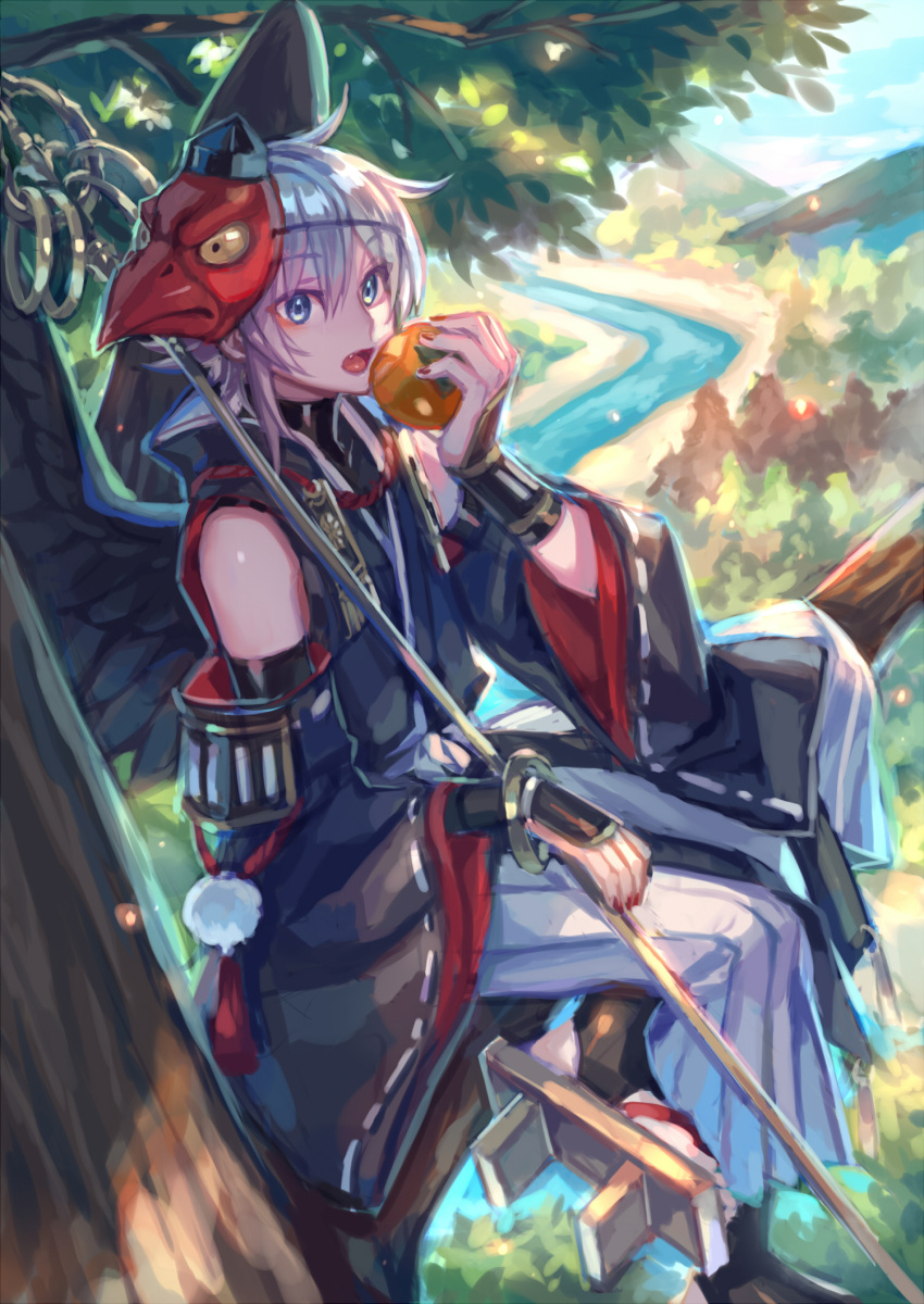 1boy black_sleeves black_wings blue_eyes commentary day detached_sleeves eating feathered_wings food fruit geta grey_hair grey_hakama grey_skirt hakama hakama_skirt hand_up highres holding holding_food holding_fruit in_tree japanese_clothes looking_at_viewer male_focus mask mask_on_head nature open_mouth original outdoors pom_pom_(clothes) red_mask ribbon-trimmed_sleeves ribbon_trim river shakujou shiny shiny_hair sitting sitting_on_branch skirt solo staff tengu tree wings zoff_(daria)