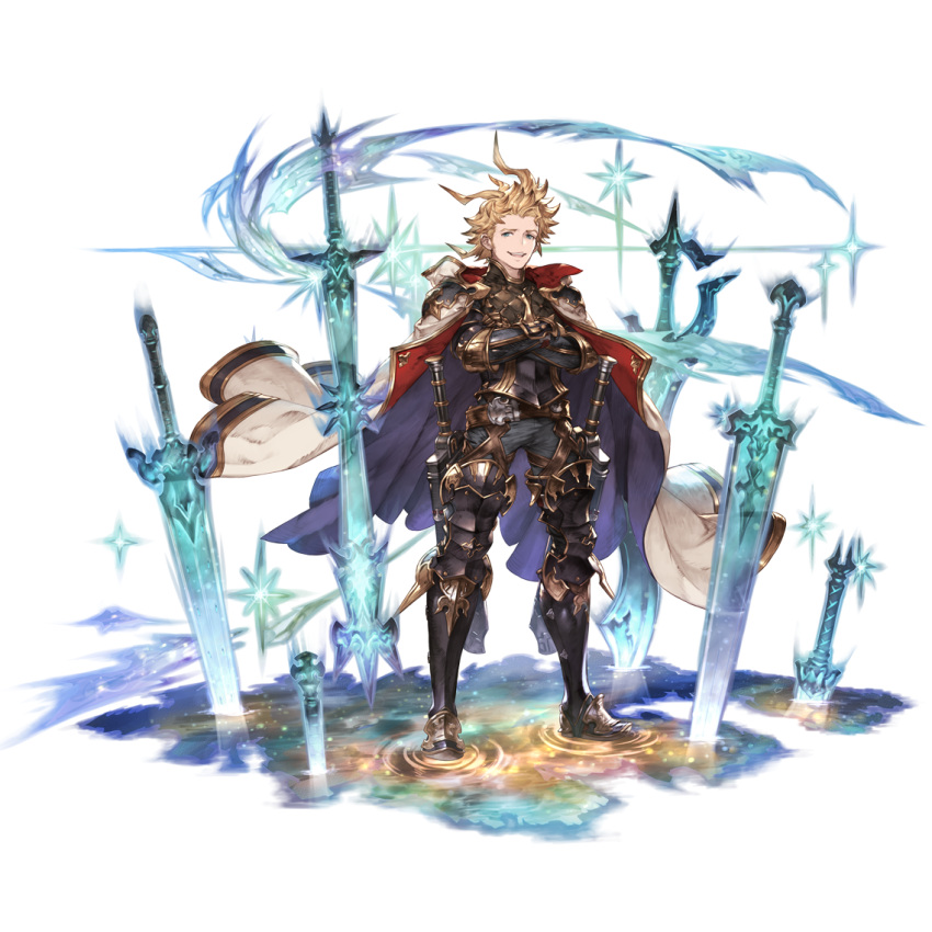 1boy ahoge armor belt black_pants blonde_hair blue_eyes cape crossed_arms full_body granblue_fantasy greaves looking_at_viewer male_focus minaba_hideo official_art open_mouth pants planted planted_sword puddle sheath sheathed siete smirk smug solo space standing star_(sky) sword teeth transparent_background weapon