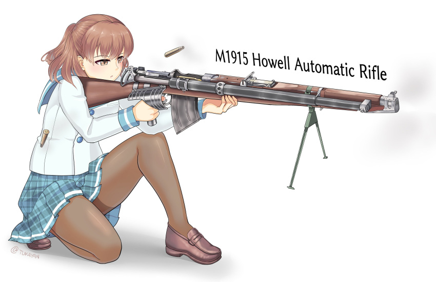 1girl aiming aqua_sailor_collar aqua_skirt bangs blouse brown_eyes brown_footwear brown_hair closed_eyes commentary eyebrows_visible_through_hair grey_legwear gun half-closed_eyes half_updo highres holding holding_gun holding_weapon howell_automatic_rifle light_frown loafers medium_hair miniskirt one_eye_closed one_knee original pantyhose pleated_skirt rifle sailor_collar school_uniform seiryouinryousui serafuku shell_casing shoes simple_background single_horizontal_stripe skirt solo thighband_pantyhose twitter_username weapon white_background white_blouse