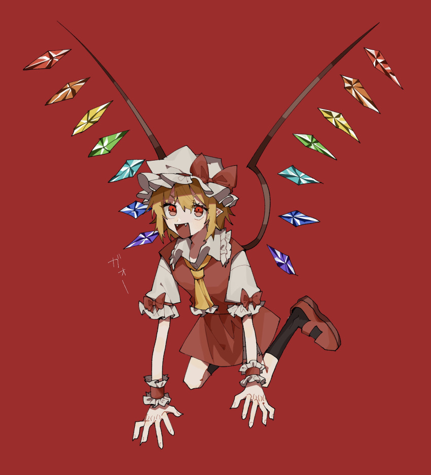 1girl :d absurdres alternate_hairstyle ascot bangs black_legwear blonde_hair blunt_bangs bow commentary crystal fangs fingernails flandre_scarlet flying frilled_shirt_collar frilled_sleeves frills full_body hat hat_ribbon highres mob_cap pointy_ears puffy_short_sleeves puffy_sleeves red_background red_bow red_eyes red_footwear red_ribbon red_skirt red_vest ribbon section_(prrx8584) shirt short_hair short_sleeves simple_background skirt smile solo touhou translated vest white_headwear white_shirt wings yellow_neckwear
