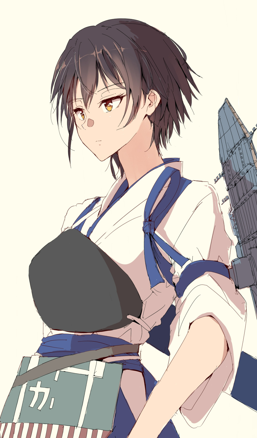 1girl absurdres alternate_hair_length alternate_hairstyle apron blue_hakama brown_eyes brown_hair commentary_request expressionless flight_deck hakama hakama_short_skirt hakama_skirt highres japanese_clothes kaga_(kancolle) kantai_collection muneate short_hair simple_background skirt solo t.k.o tasuki white_background