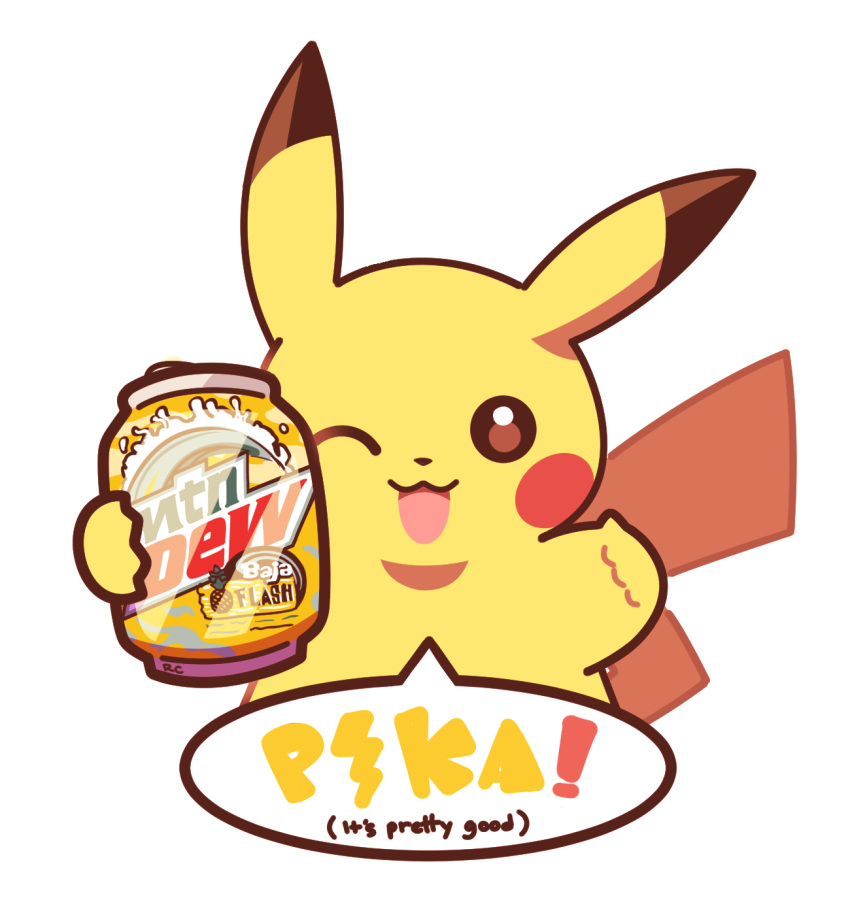 :3 :d artsy-rc can commentary english_commentary english_text gen_1_pokemon highres holding holding_can mountain_dew no_humans one_eye_closed open_mouth pikachu pokemon pokemon_(creature) simple_background smile thumbs_up white_background