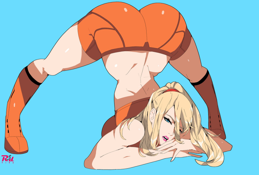 1girl ass bangs blonde_hair blue_eyes breasts flexible full_body guilty_gear guilty_gear_strive highres jack-o'_challenge jack-o'_valentine large_breasts legs long_hair looking_at_viewer meme metroid mole mole_under_mouth ponytail r3dfive samus_aran shorts simple_background smile solo spread_legs super_smash_bros. top-down_bottom-up white_background
