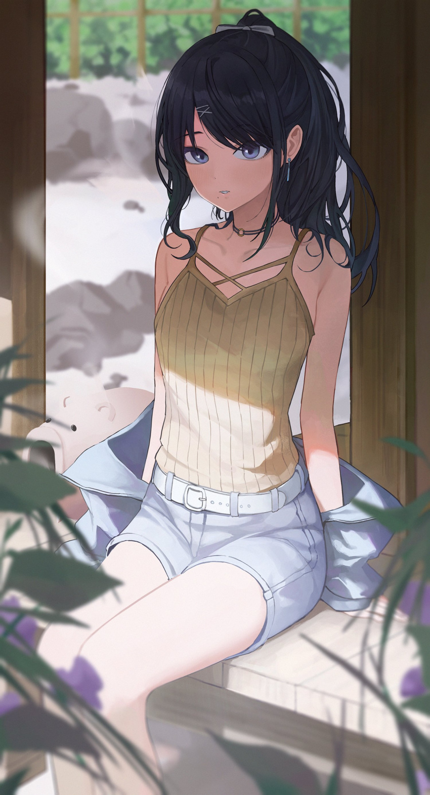 1girl absurdres architecture bare_legs bare_shoulders belt black_hair blurry blurry_foreground breasts choker collarbone depth_of_field earrings east_asian_architecture feet_out_of_frame grey_shorts highres idolmaster idolmaster_shiny_colors jacket jacket_removed jewelry kazano_hiori looking_at_viewer mole mole_under_mouth o-ring o-ring_choker on_floor ponytail shirt short_shorts shorts sleeveless sleeveless_shirt small_breasts solo starblue striped striped_shirt vertical_stripes white_belt wooden_floor