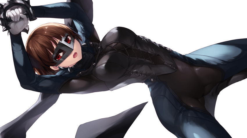 1girl arms_up blue_bodysuit bodysuit breasts brown_hair cait_aron gloves highres large_breasts long_sleeves looking_at_viewer mask niijima_makoto open_mouth persona persona_5 red_eyes short_hair simple_background solo white_background white_gloves