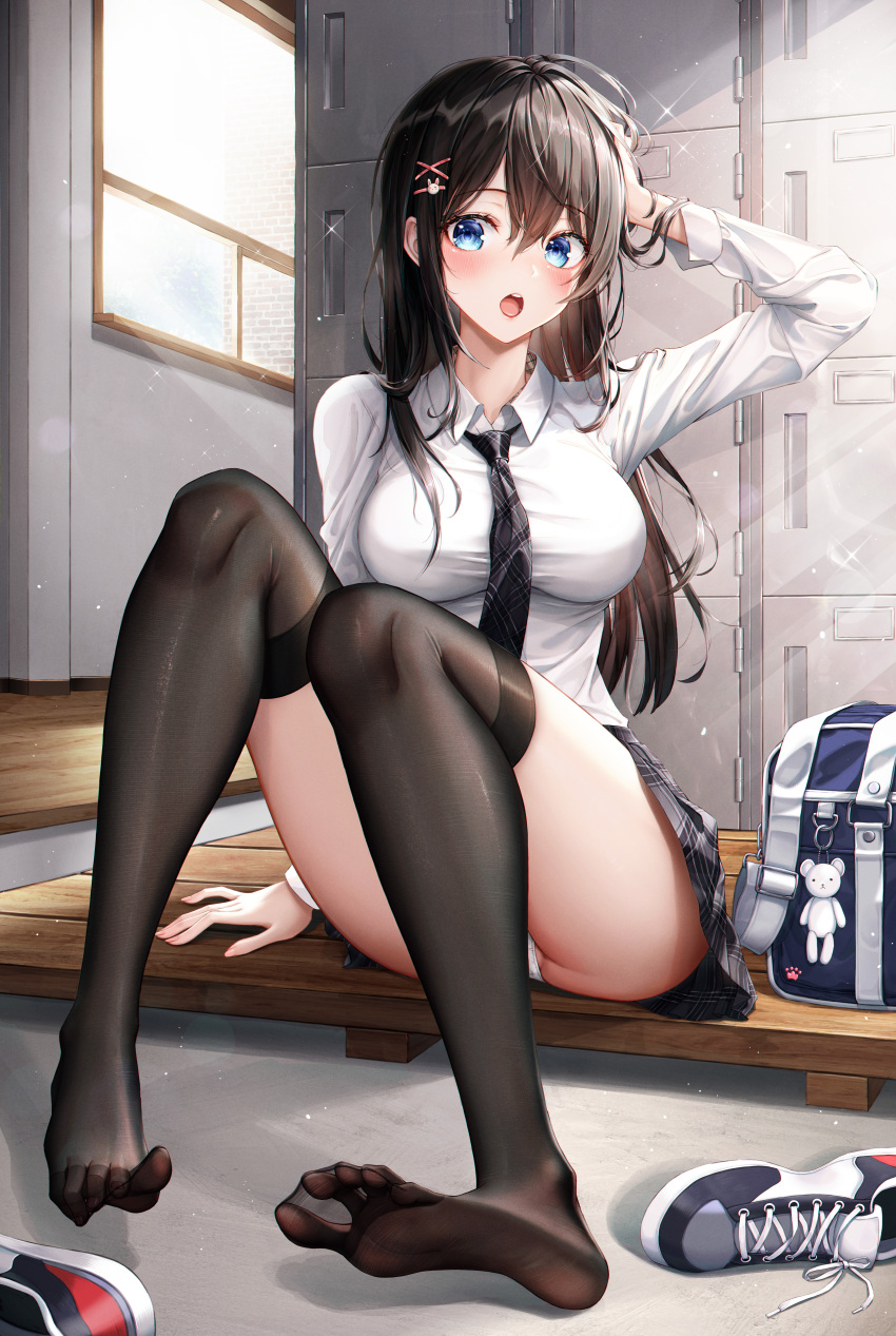 1girl absurdres bag bangs black_hair black_legwear black_neckwear blue_eyes blush breasts collared_shirt eichi_(skskdi12z) eyebrows_visible_through_hair hair_ornament hairclip hand_in_hair highres huge_filesize indoors knees_up large_breasts locker long_hair long_sleeves looking_at_viewer necktie open_mouth original panties school_uniform shirt shoes shoes_removed sitting solo thigh-highs thighs underwear white_panties white_shirt