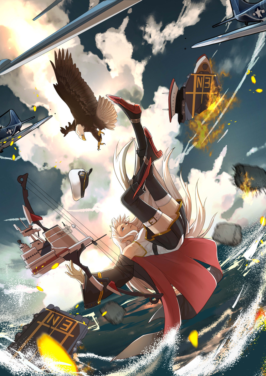 1girl absurdres azur_lane bald_eagle belt bird black_coat black_footwear black_legwear black_skirt blue_eyes boots bow_(weapon) clouds cloudy_sky coat compound_bow eagle enterprise_(azur_lane) f6f_hellcat fire flying full_body hat highres holding holding_bow_(weapon) holding_weapon long_hair miniskirt open_clothes open_coat peaked_cap rirocx shirt skirt sky sleeveless sleeveless_shirt solo thigh-highs very_long_hair water weapon white_belt white_hair white_shirt zettai_ryouiki