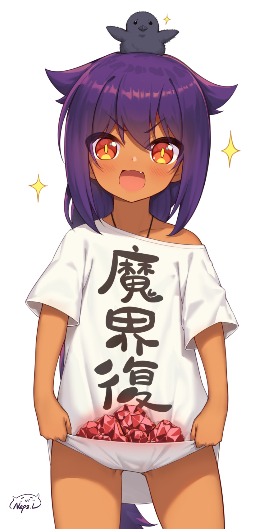 1girl :d absurdres animal animal_on_head bangs bird blush clothes_writing commentary_request eyebrows_visible_through_hair fang hair_between_eyes hair_flaps highres jahy jahy_sama_wa_kujikenai long_hair looking_at_viewer neps-l off_shoulder on_head open_mouth purple_hair red_eyes ruby_(gemstone) shirt short_sleeves signature simple_background smile solo sparkle standing v-shaped_eyebrows very_long_hair white_background white_shirt