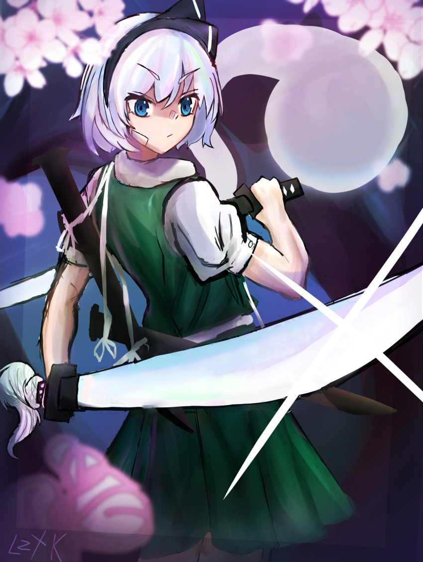 1girl artist_name bandaid bandaid_on_face bangs black_hairband black_ribbon blue_eyes blush cherry_blossoms eyebrows_visible_through_hair ghost green_skirt green_vest hair_between_eyes hair_ribbon hairband hand_up highres katana konpaku_youmu konpaku_youmu_(ghost) looking_to_the_side lztk0 md5_mismatch puffy_short_sleeves puffy_sleeves ribbon self_upload shaded_face shirt short_hair short_sleeves silver_hair skirt solo sword touhou vest weapon white_shirt